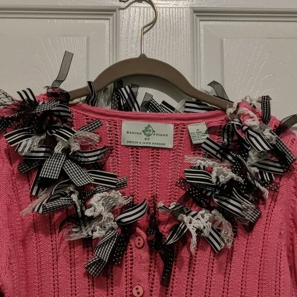 Design Options by Philip & Jane Gordon pink ribbon accent cardigan Sz M EUC - Picture 2 of 5